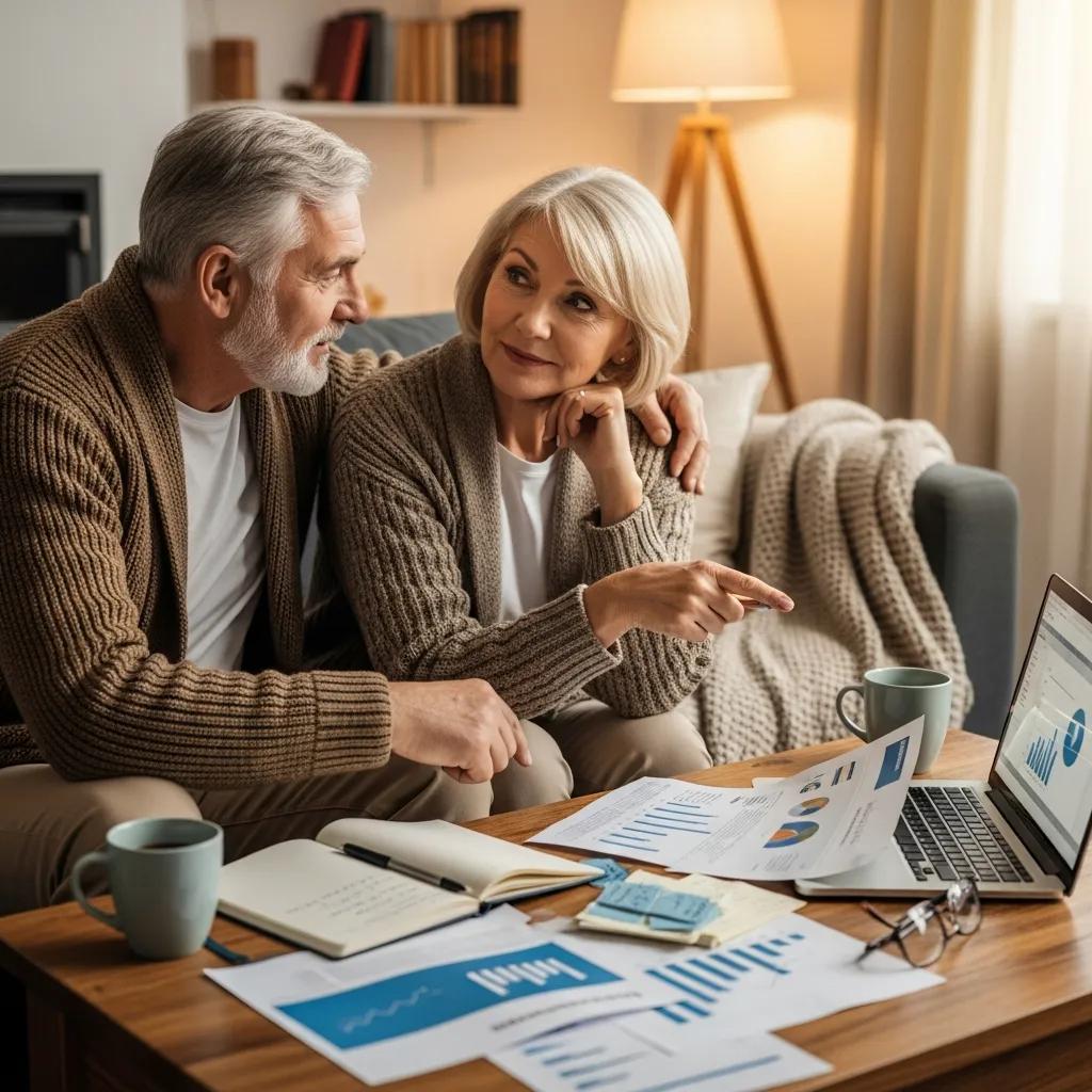 Older couple discussing retirement planning materials in a cozy living room