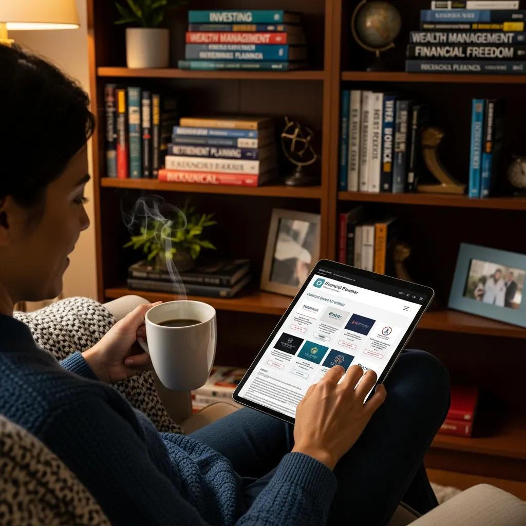 Person reviewing financial planner credentials in a cozy setting