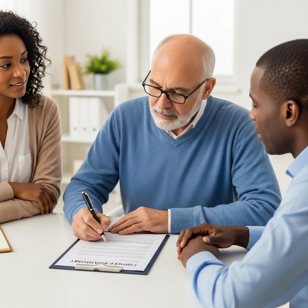 Person signing power of attorney document with a trusted individual