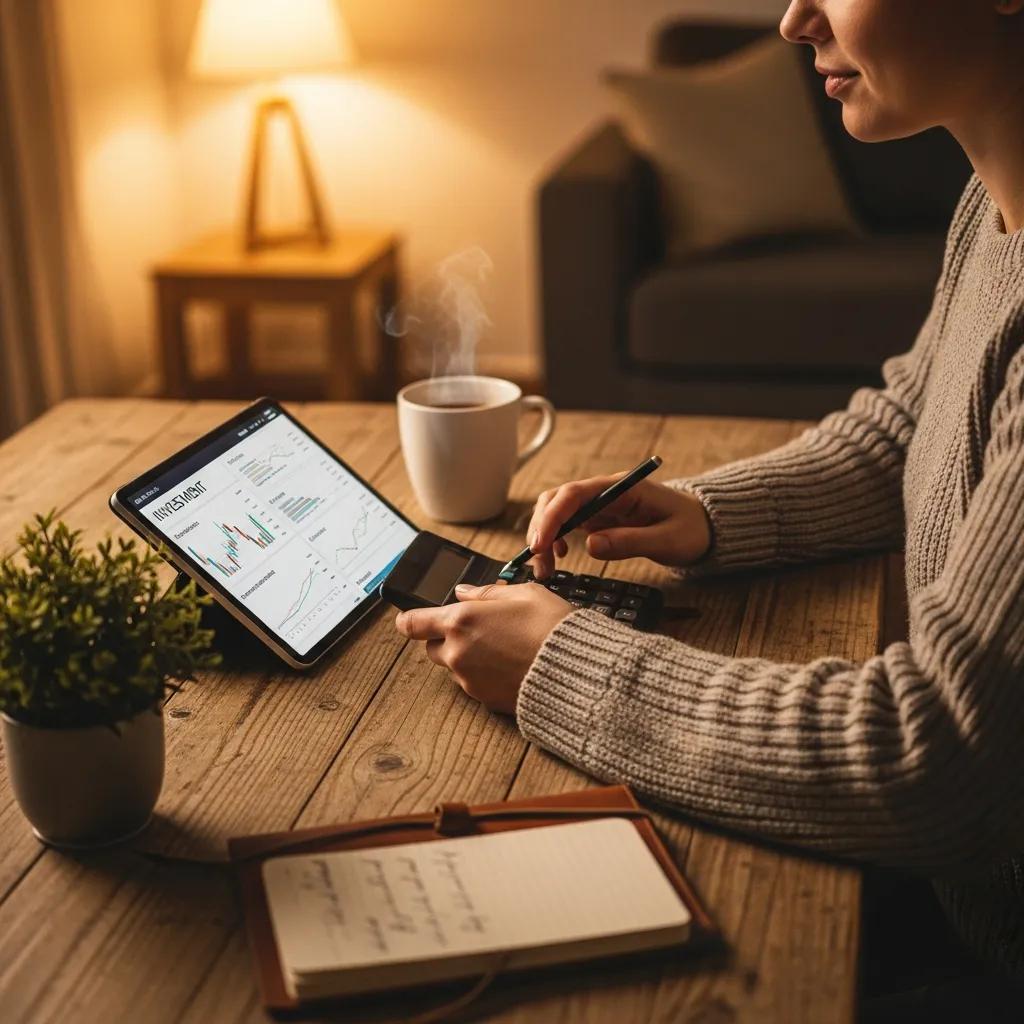 Person using a digital calculator and tablet for investment planning in a cozy setting, illustrating financial strategy