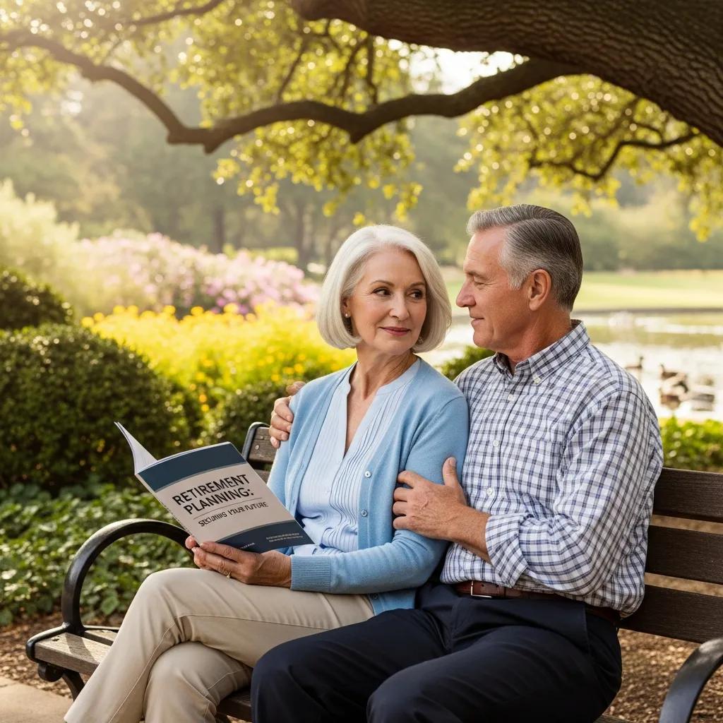 Retired couple discussing financial planning in a park