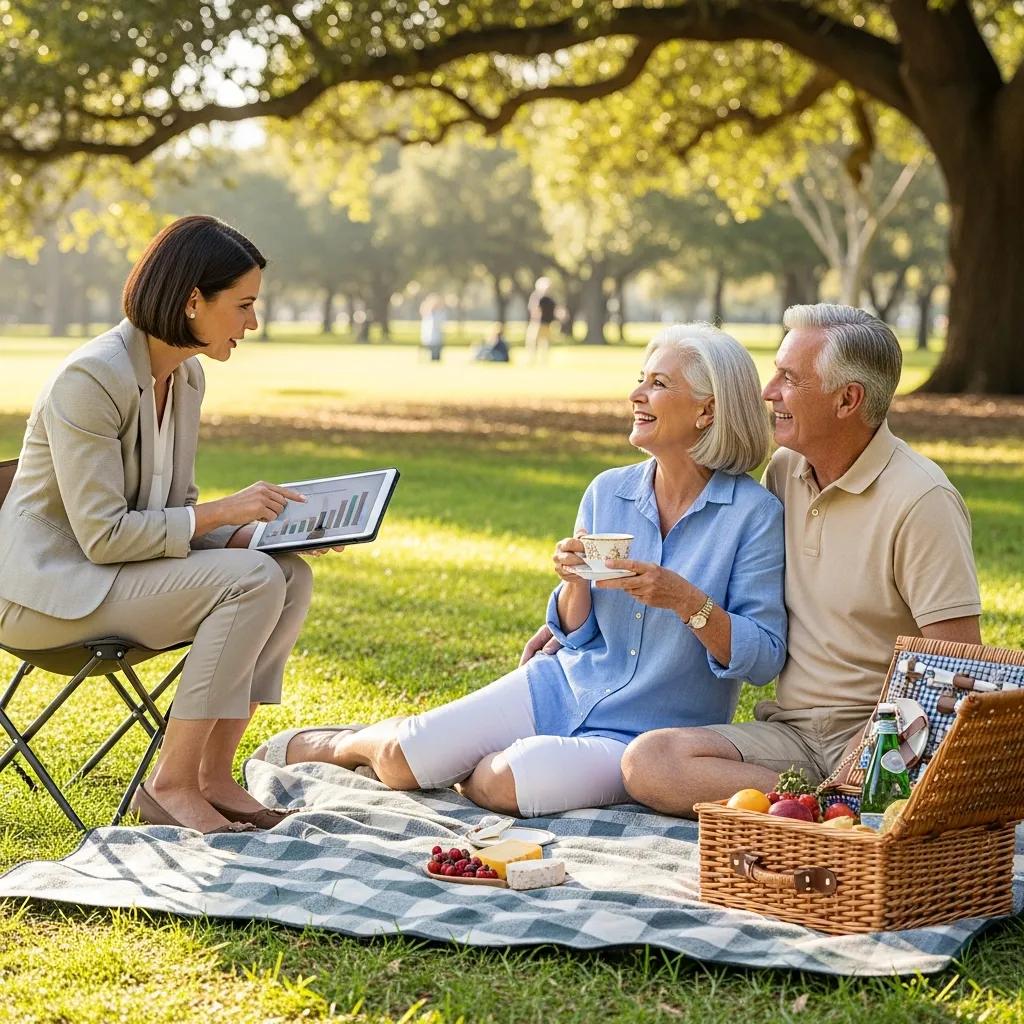 Retired couple enjoying a park while discussing retirement planning with a financial advisor