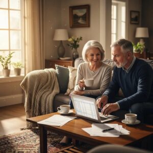 Retired couple enjoying financial planning in a cozy living room