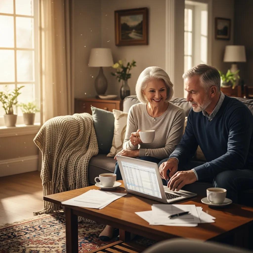 Retired couple enjoying financial planning in a cozy living room