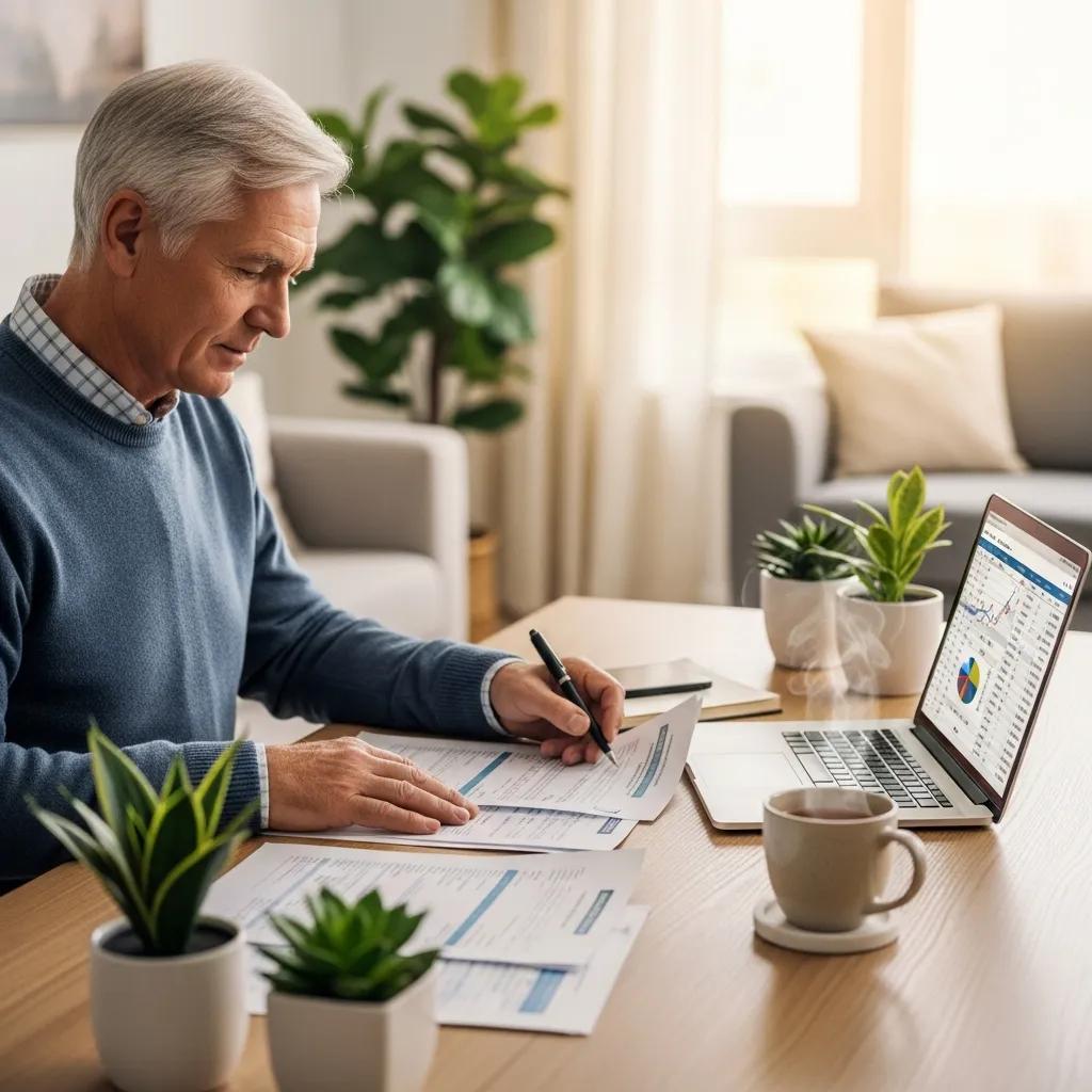 Retiree reviewing financial documents at a desk, highlighting tax-efficient strategies