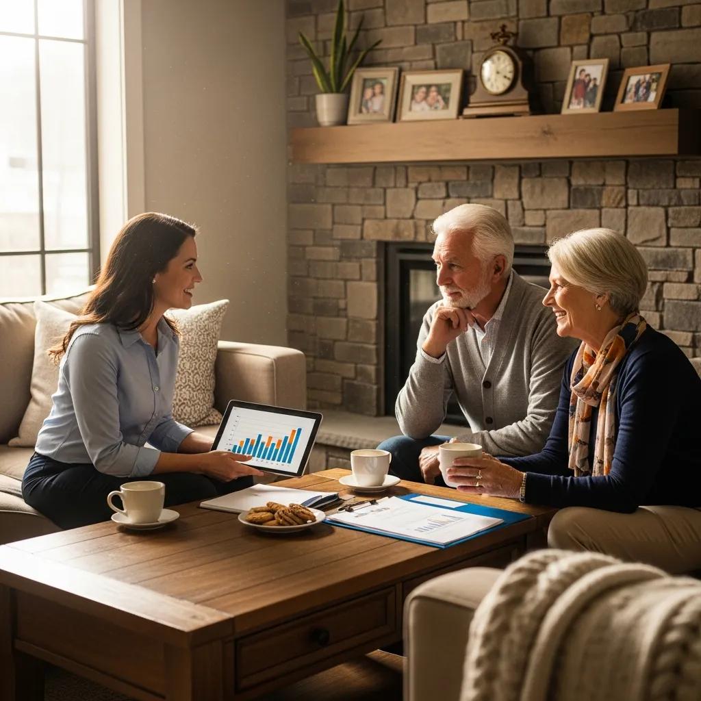 Retirement advisor discussing financial planning with clients in a cozy living room