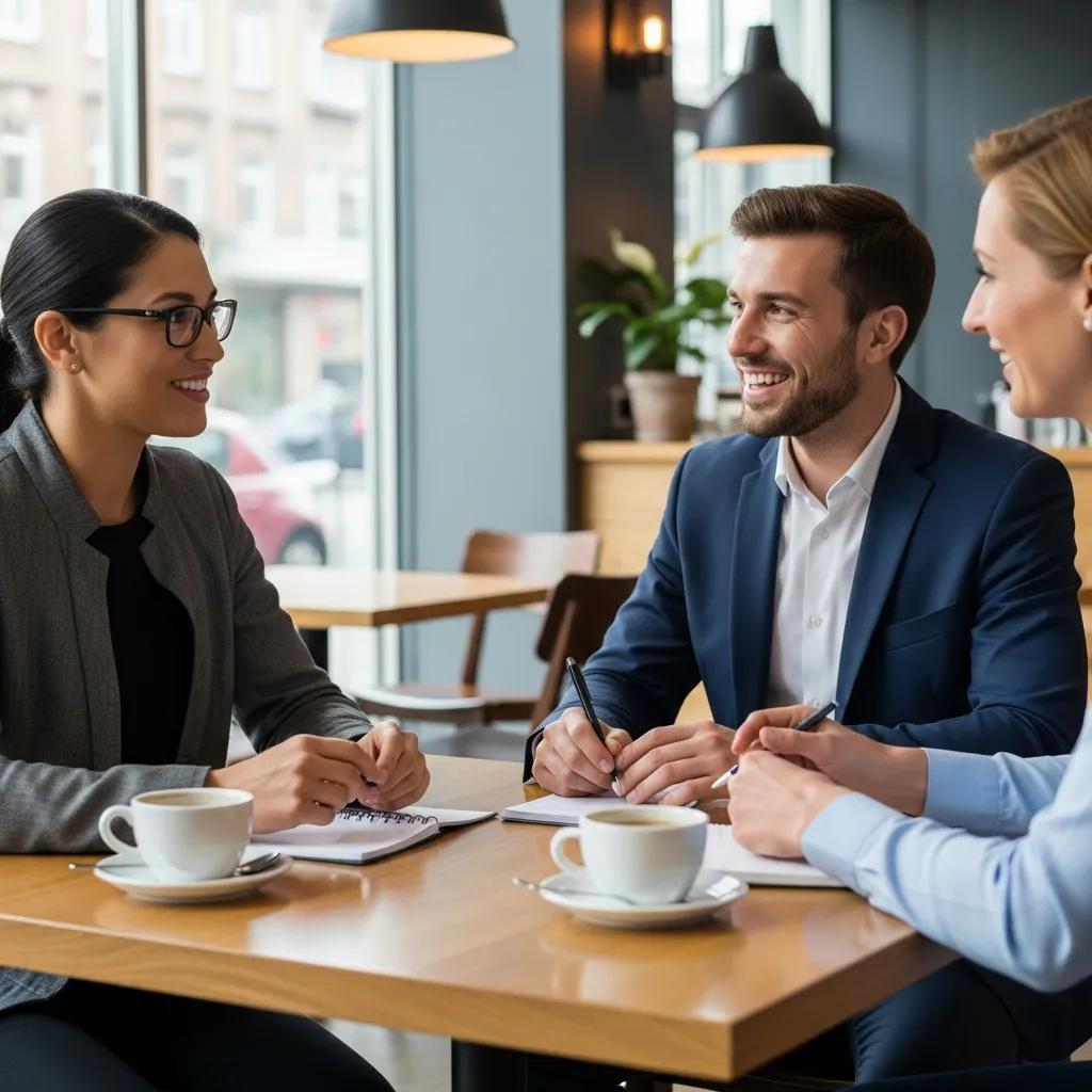 Small business owner discussing retirement plans with an advisor in a café