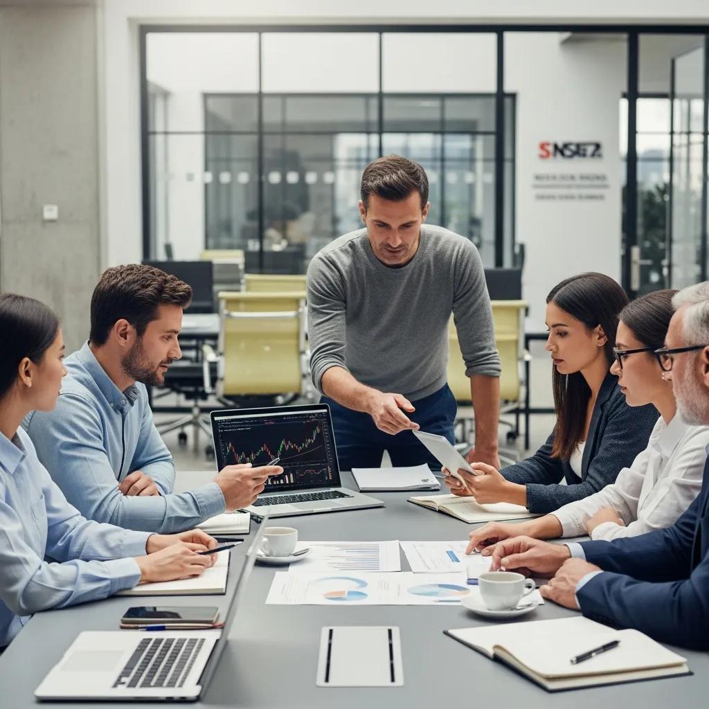 Team collaborating on investment management strategies in a modern office