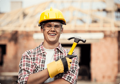 construction worker holding up a hammer