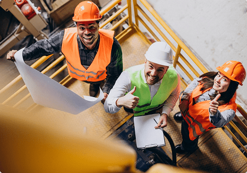contraction workers with blueprints looking up