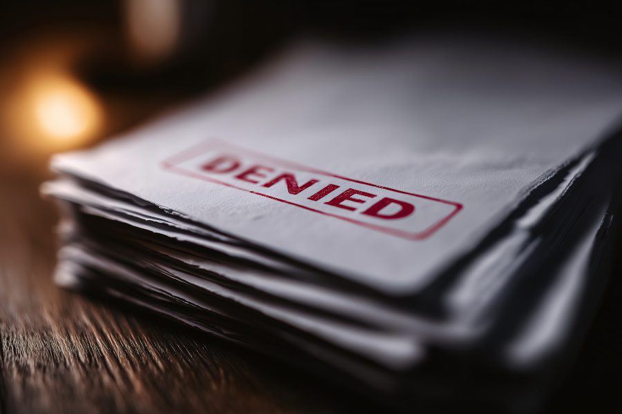 Stack of documents with a prominent "DENIED" stamp, symbolizing health insurance cancellations and compliance issues under ACA regulations.
