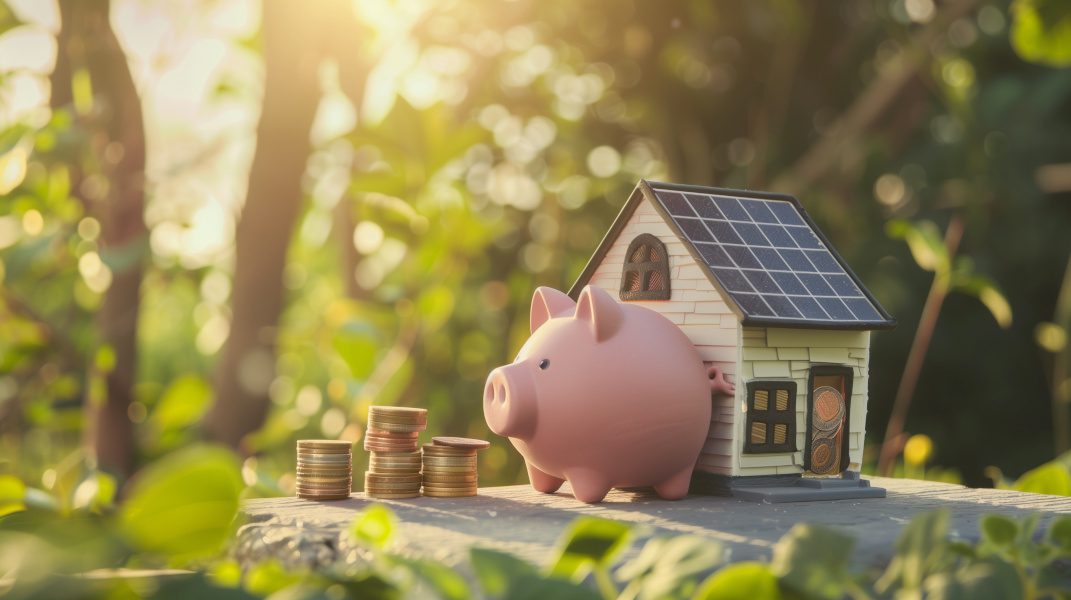 Piggy bank beside a small house with solar panels and stacks of coins, symbolizing savings and financial planning for health insurance subsidies.