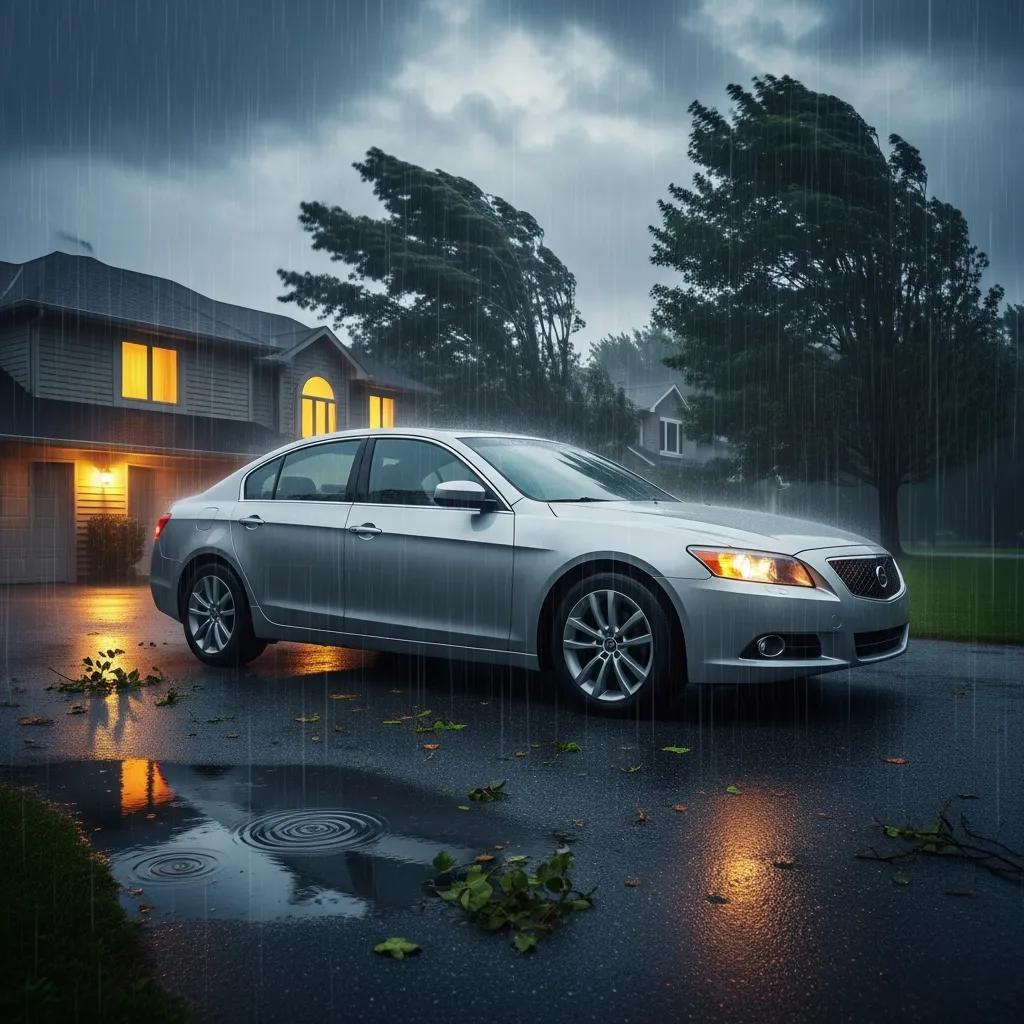 Car parked safely in a storm, illustrating protection from weather-related damage under comprehensive auto insurance