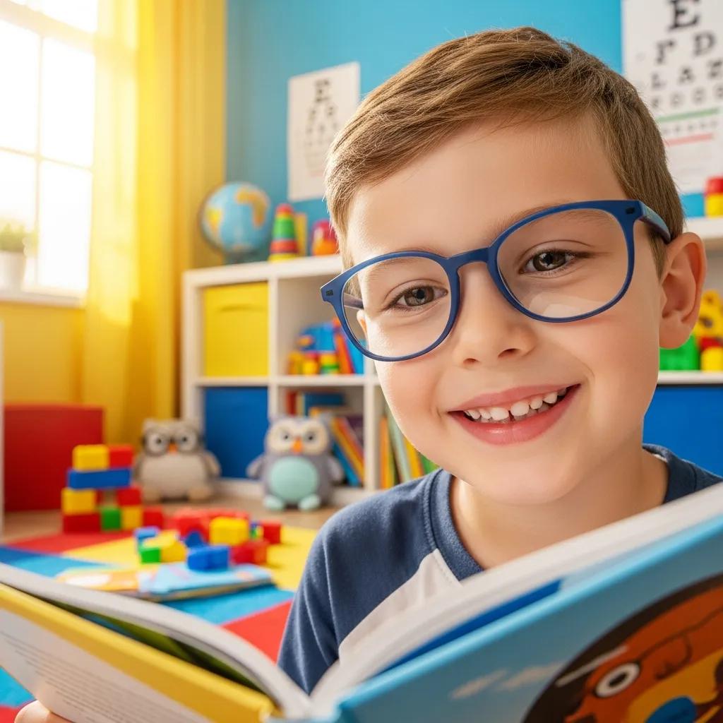 Child wearing glasses reading a book in a colorful room
