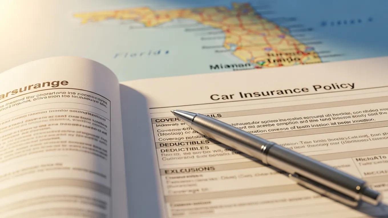 Close-up of a car insurance policy document and a pen on a Florida map, emphasizing auto insurance requirements