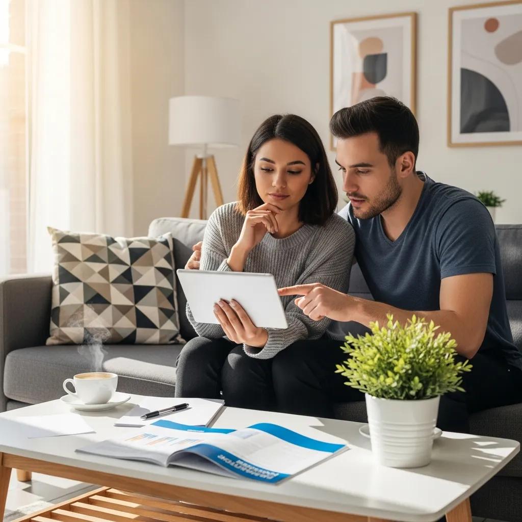 Couple reviewing low-cost health insurance plans at home