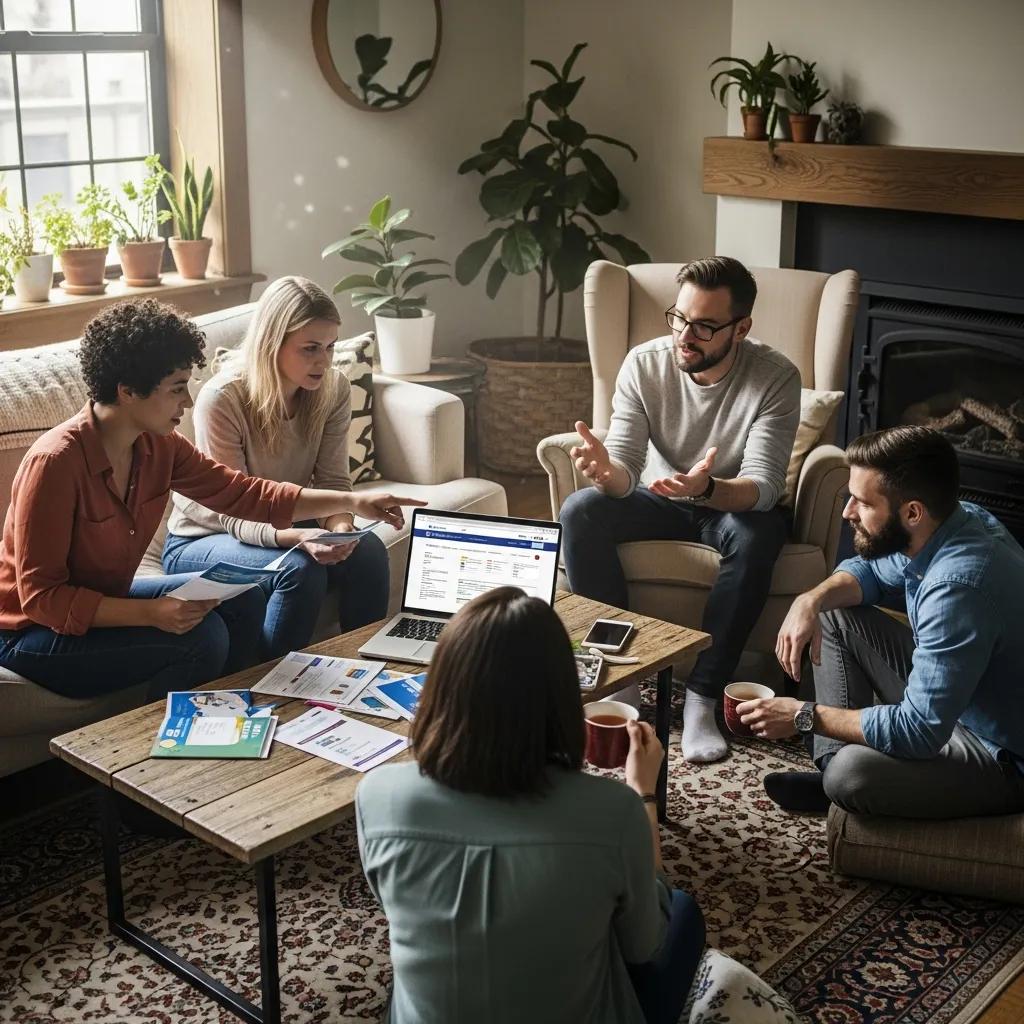 Diverse group discussing health insurance options in a cozy living room
