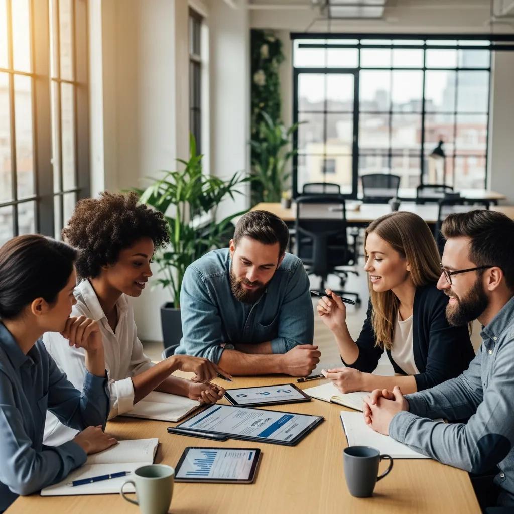 Diverse group of employees discussing group insurance in a modern office