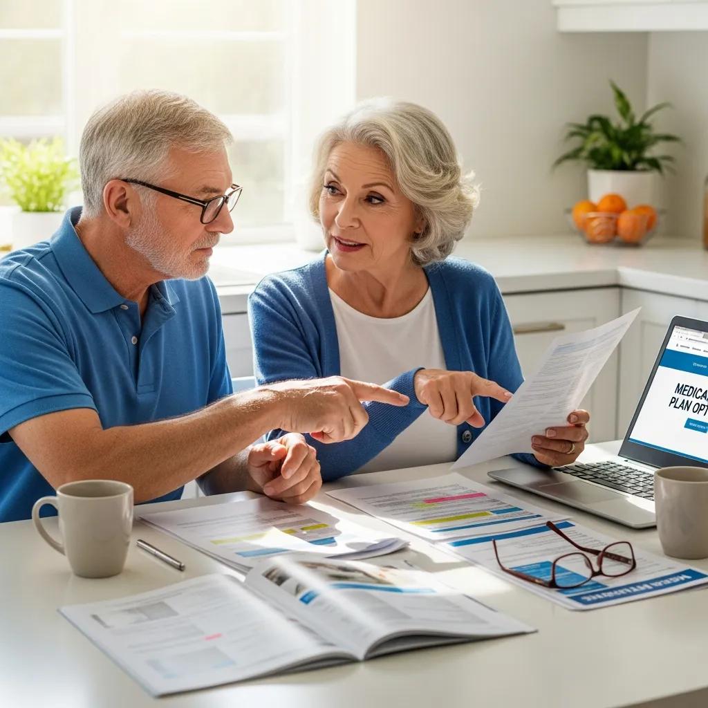 Elderly couple reviewing Medicare plan options at a kitchen table