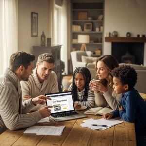 Family discussing affordable car insurance options at a kitchen table