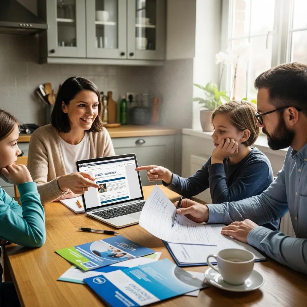 Family discussing affordable health insurance options at a kitchen table with a laptop and papers