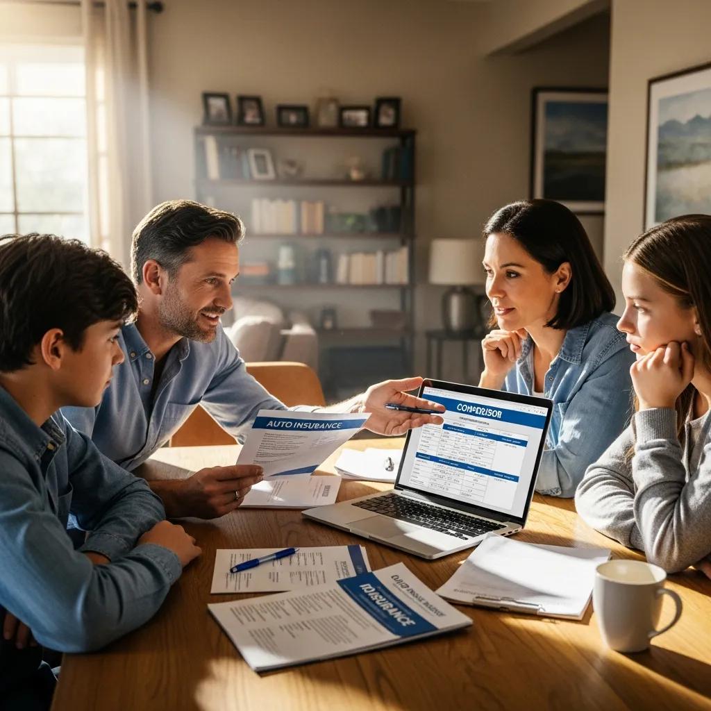 Family discussing auto insurance coverage options at a dining table