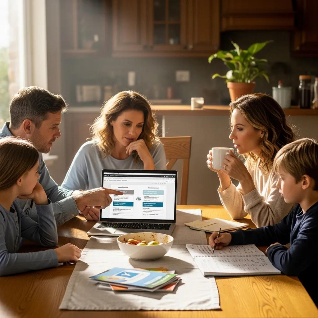 Family discussing auto insurance options at a kitchen table with a laptop and documents, emphasizing informed decision-making for personal insurance.