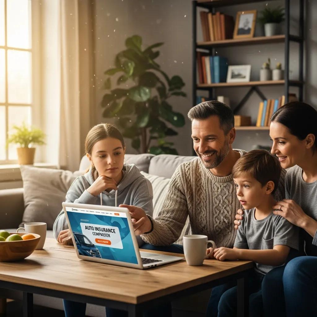 Family discussing auto insurance options on a laptop at home, conveying security and peace of mind.