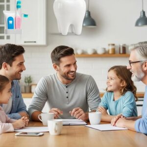 Family discussing dental insurance options in a cozy kitchen setting