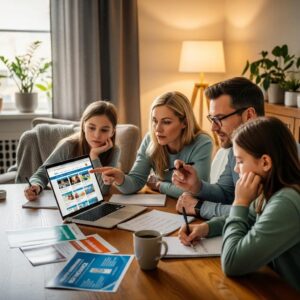 Family discussing health insurance options at a table with a laptop and papers