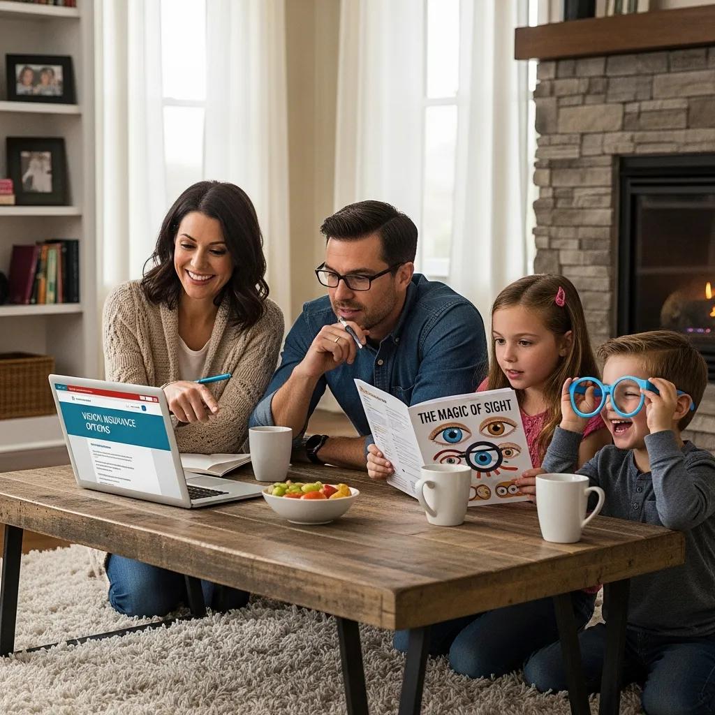 Family discussing vision insurance options in a cozy living room