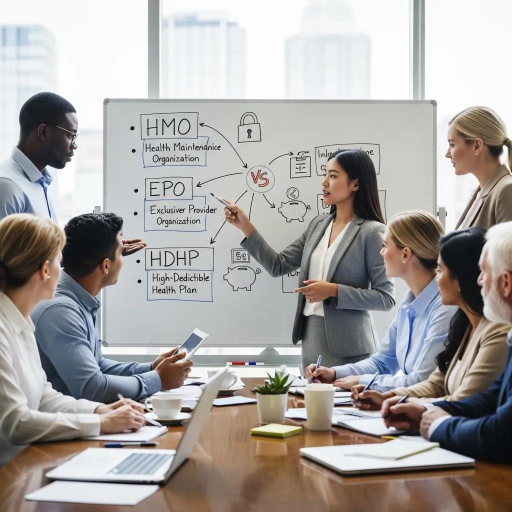 Group discussing various types of health insurance plans in a modern office