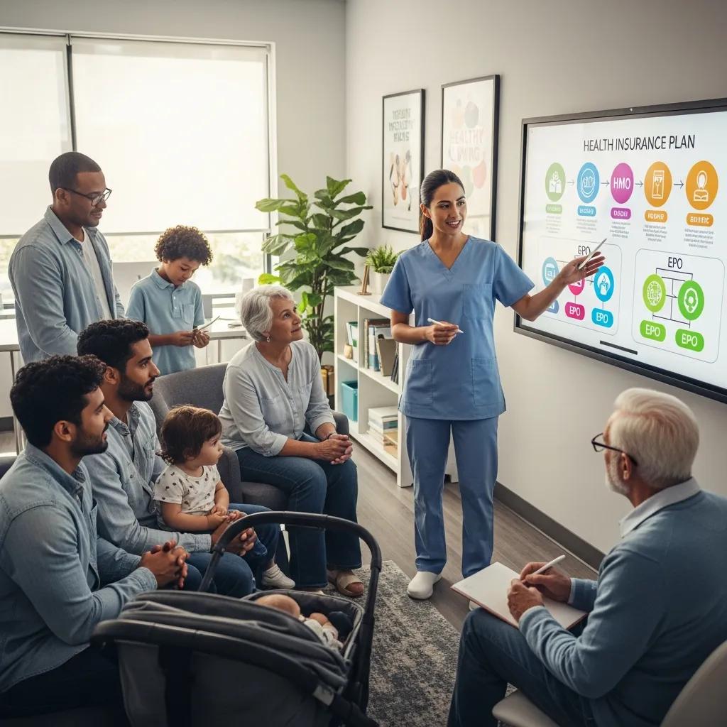 Healthcare professional explaining different health insurance plan types to a diverse group