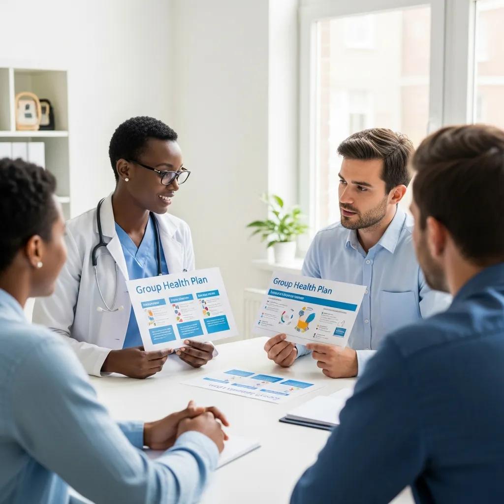 Healthcare professional explaining group health plan options to employees