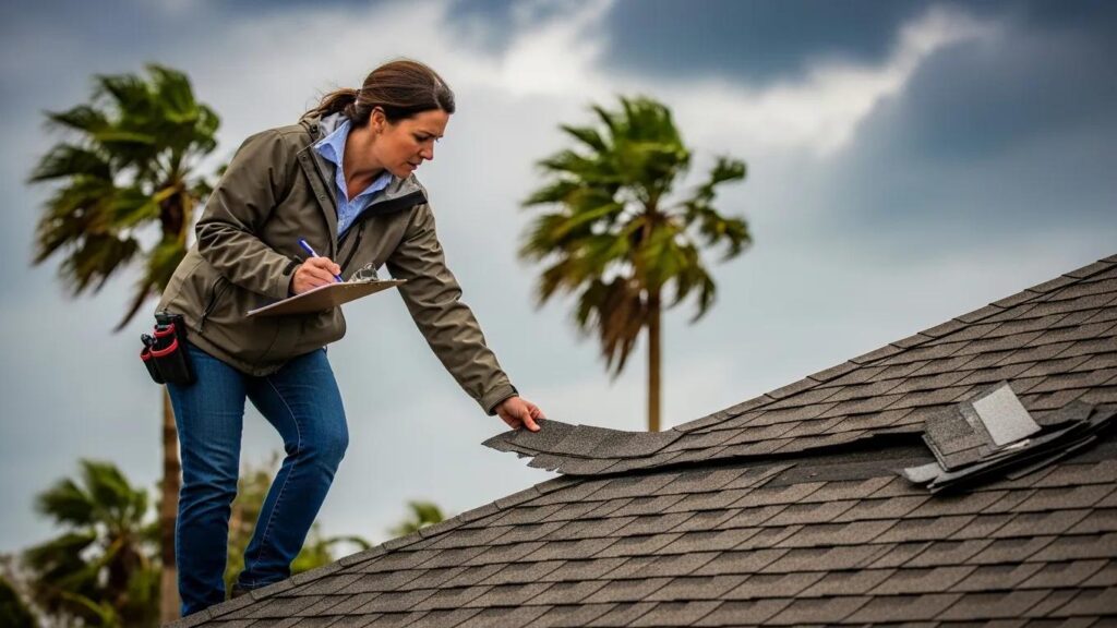 Homeowner assessing roof damage after a hurricane in Florida