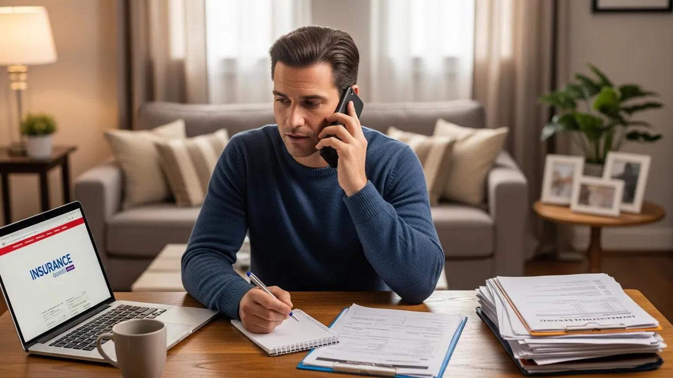Homeowner on the phone with an insurance agent, managing hurricane insurance claims in a cozy living room