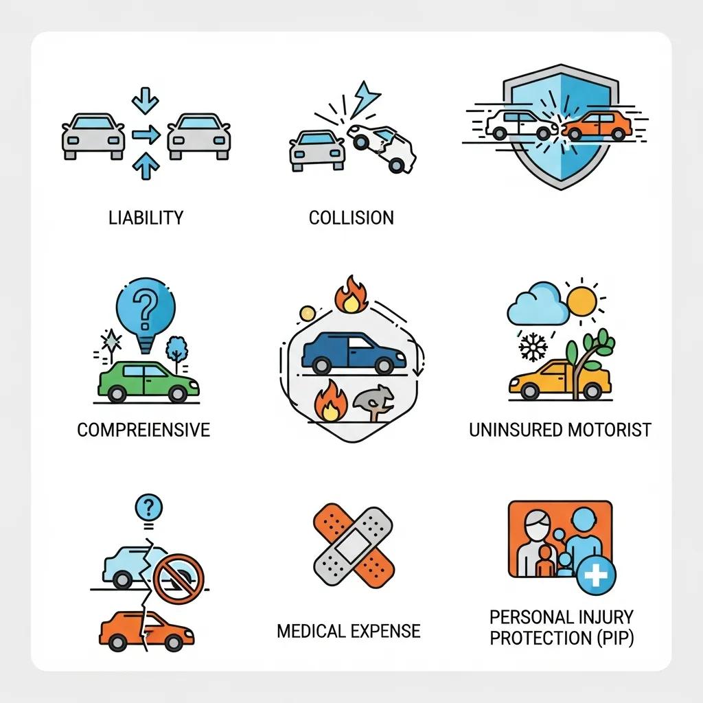 Icons representing different types of auto insurance coverage