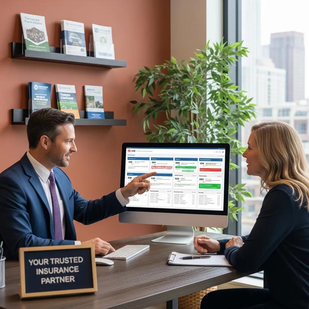 Independent insurance broker discussing options with a client in a professional office setting