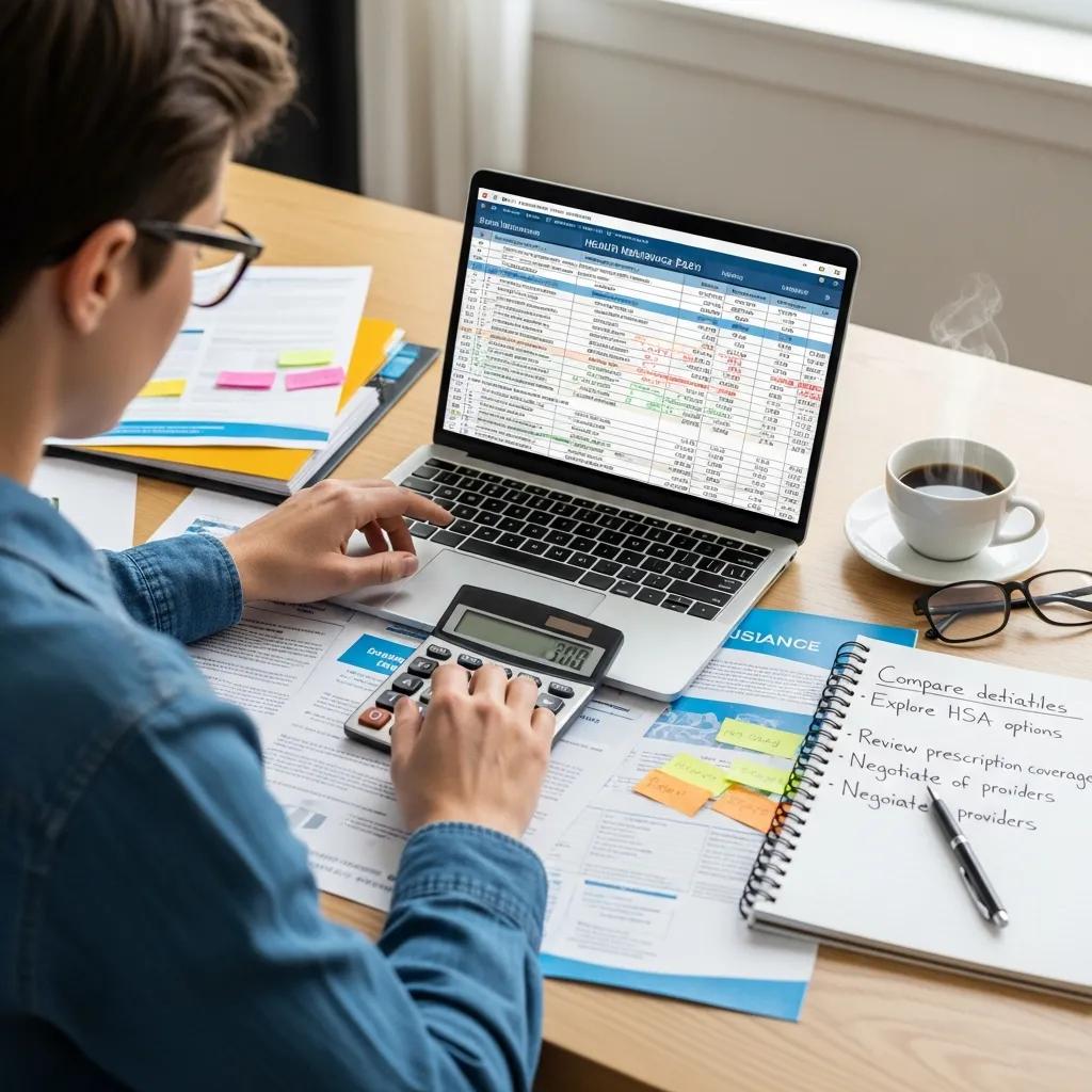 Individual calculating health insurance costs and savings at a desk with a laptop and documents