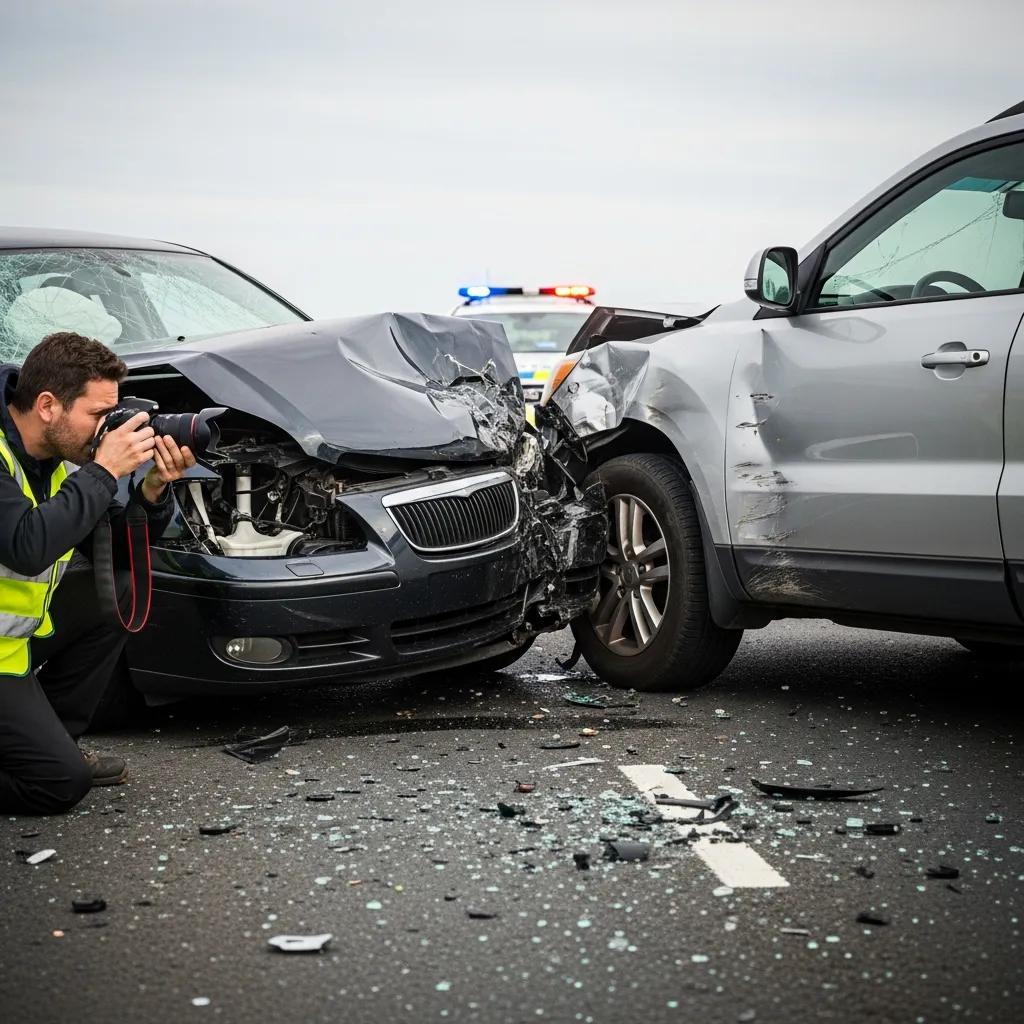 Individual documenting a car accident scene with a camera, capturing vehicle damage and surroundings