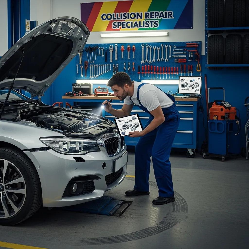 Mechanic inspecting a car in a garage after a collision