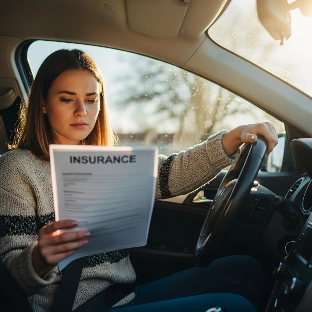 New driver reviewing car insurance documents in a cozy car setting