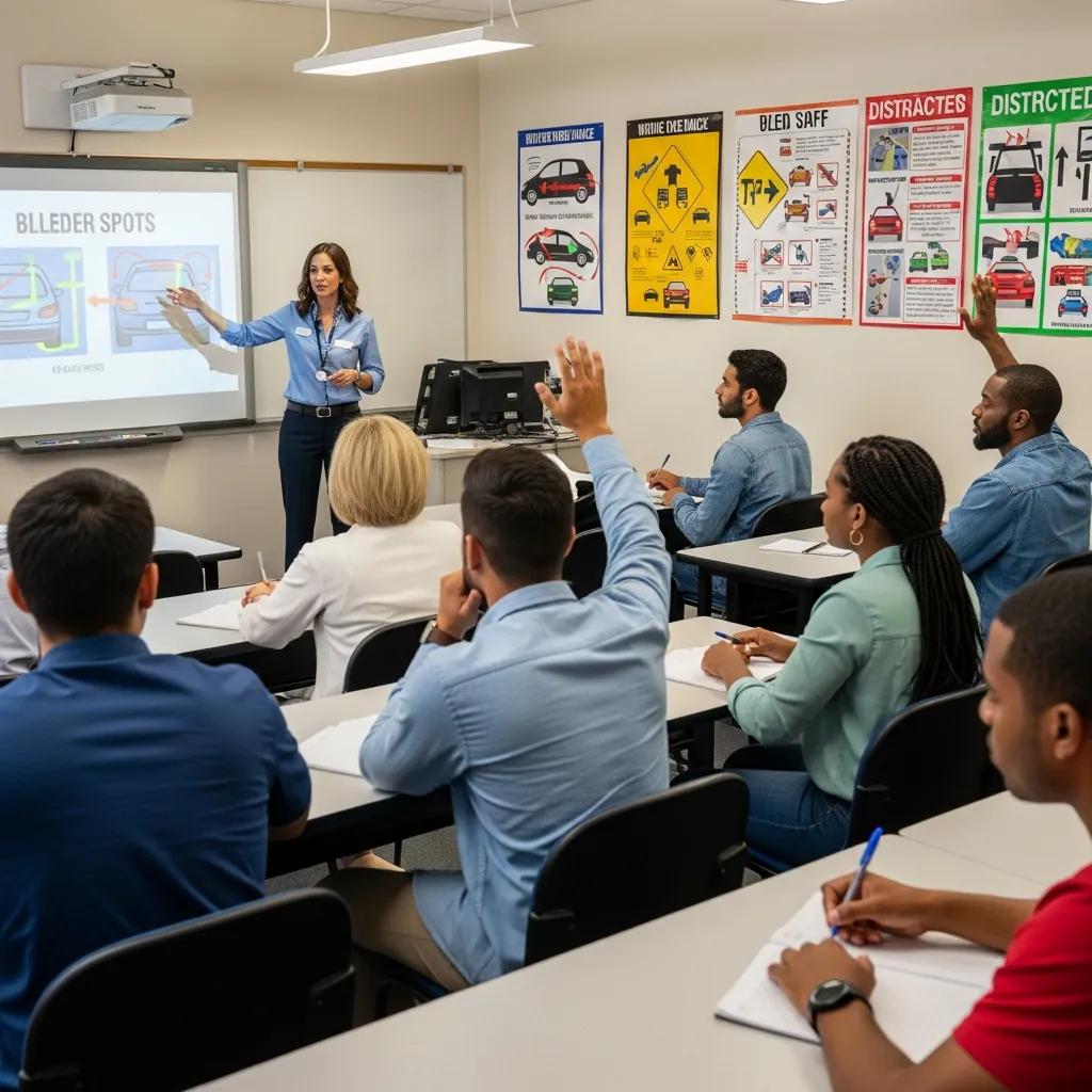 Participants in a defensive driving course learning safe driving techniques