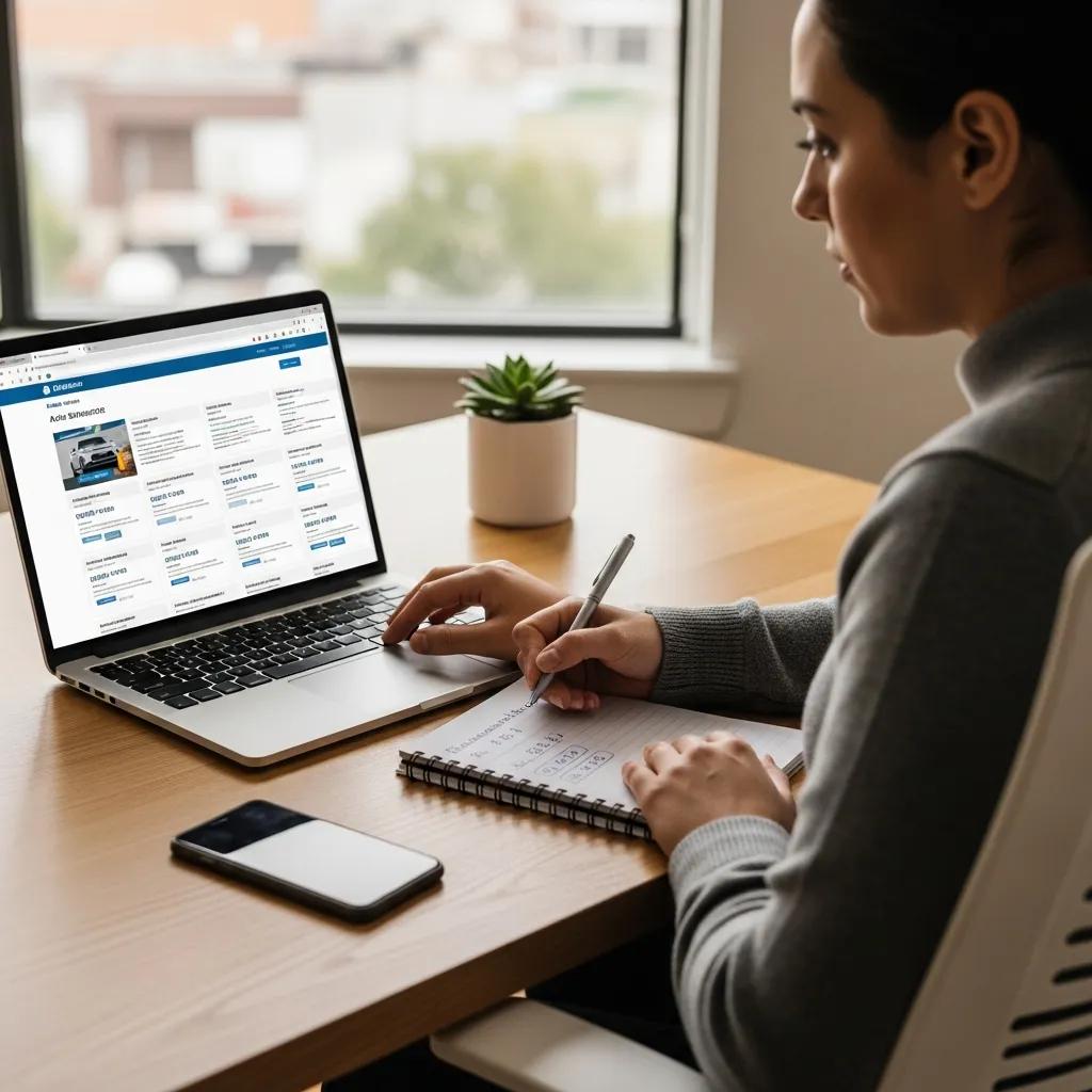 Person comparing auto insurance quotes on a laptop in a home office