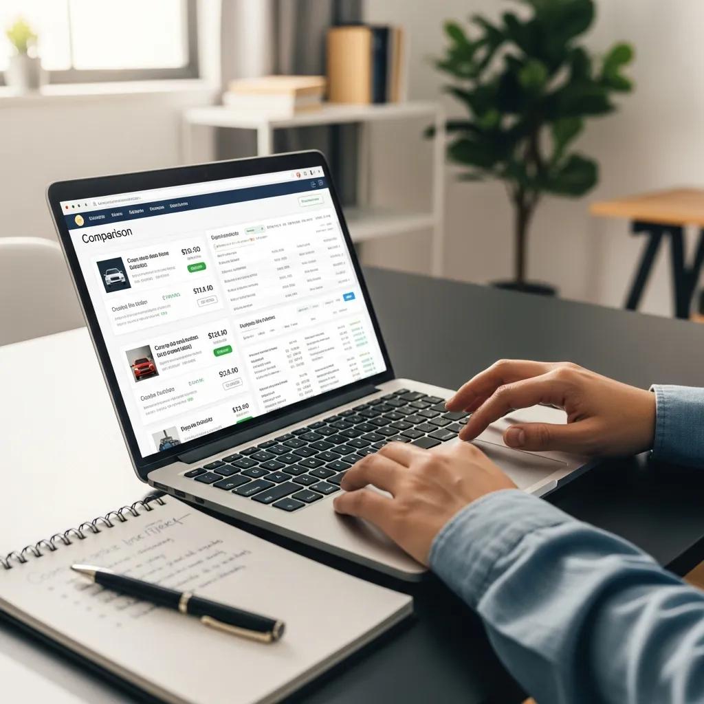 Person comparing car insurance quotes on a laptop in a home office