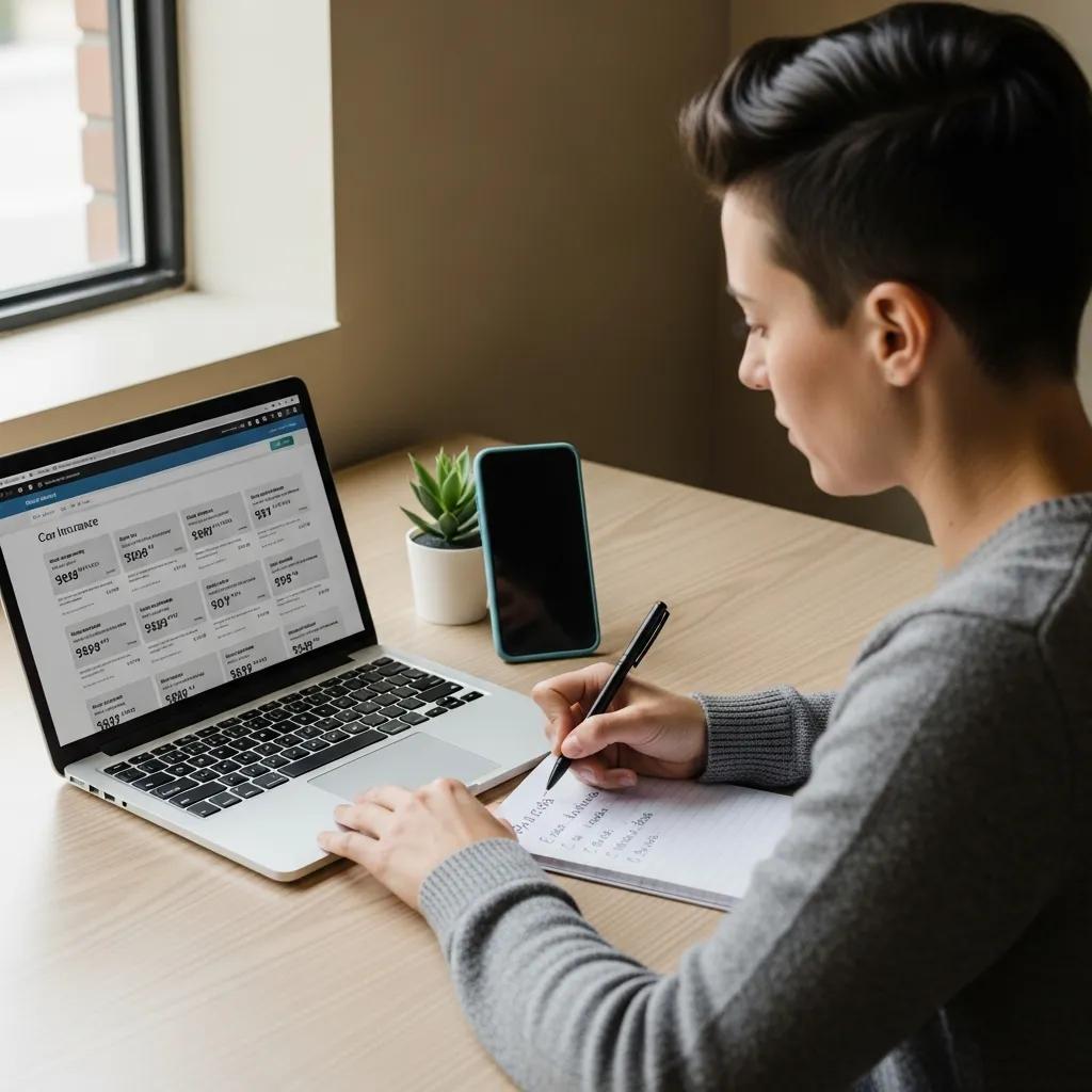 Person comparing car insurance quotes online in a modern workspace