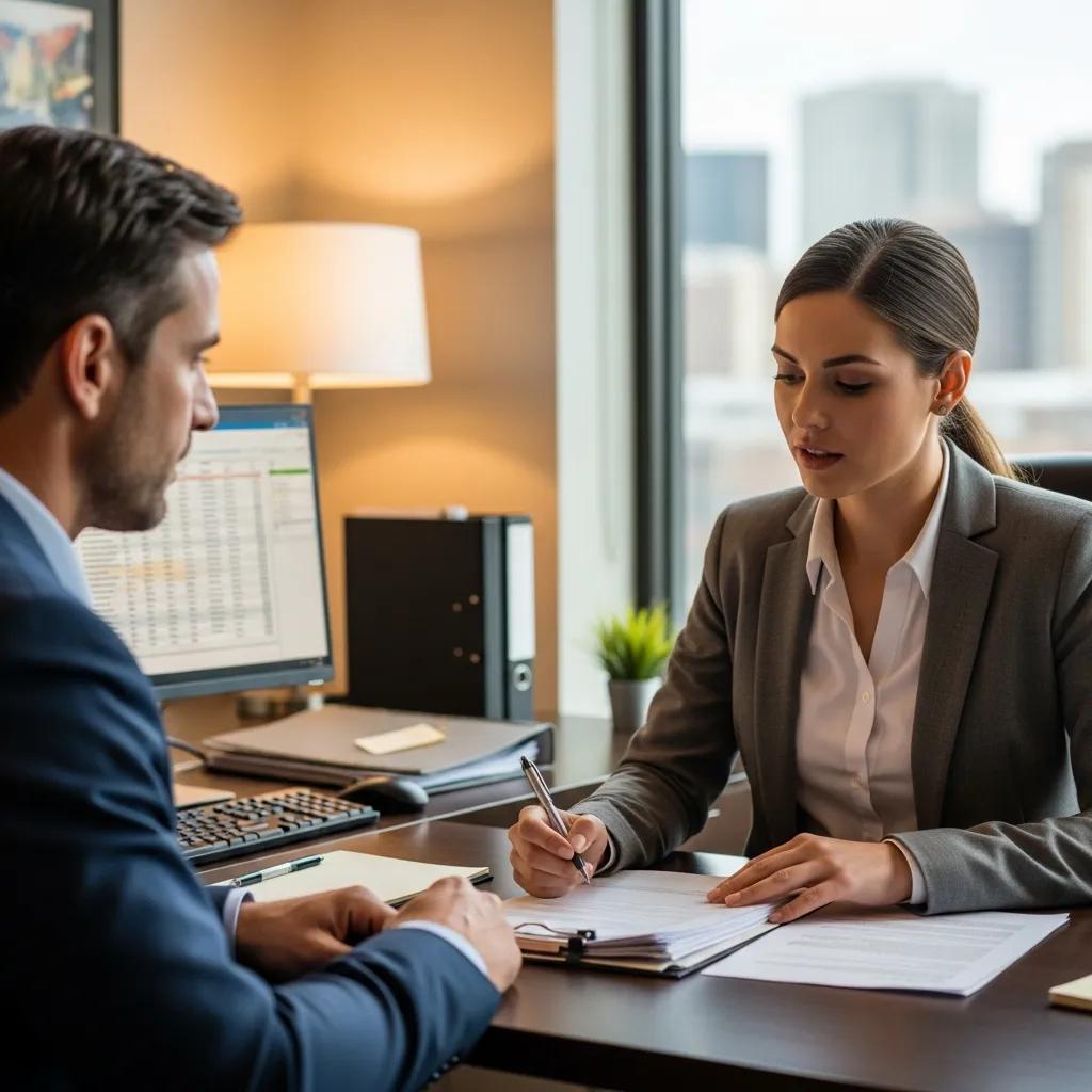 Person discussing their auto insurance claim with a claims adjuster in an office setting