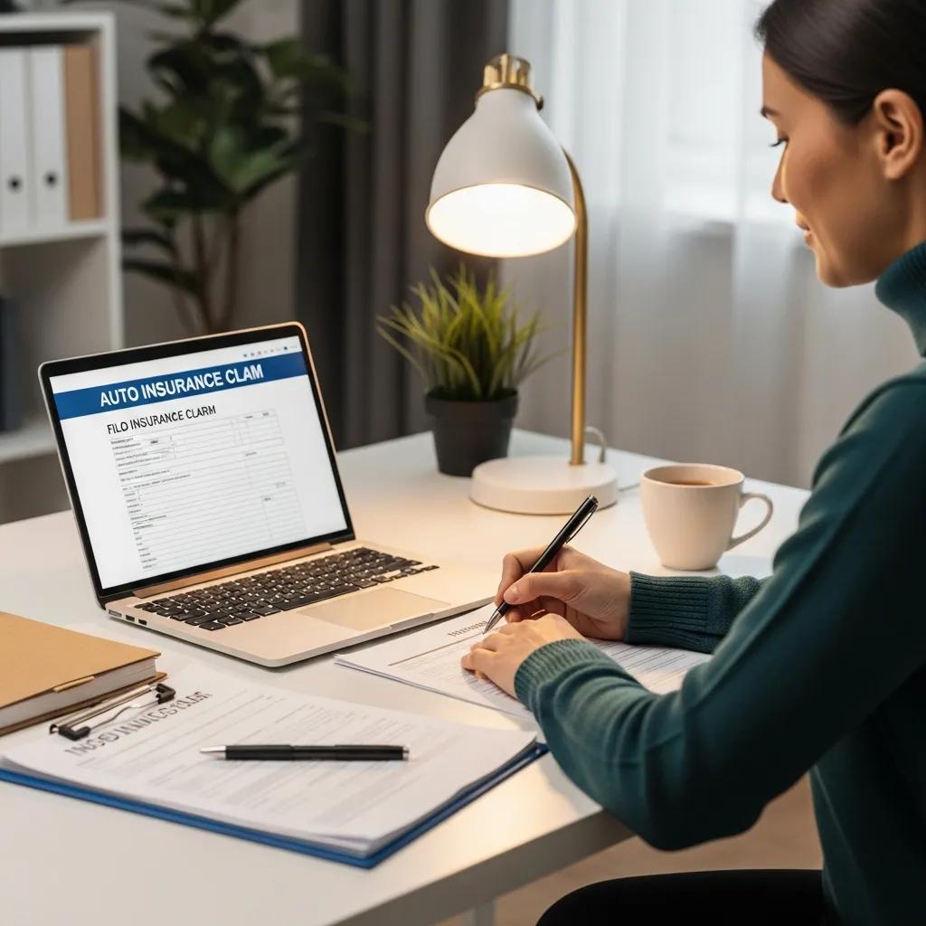 Person filing an auto insurance claim at a desk with organized documents and a laptop