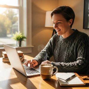 Person reviewing auto insurance options at a cozy desk with a laptop and coffee