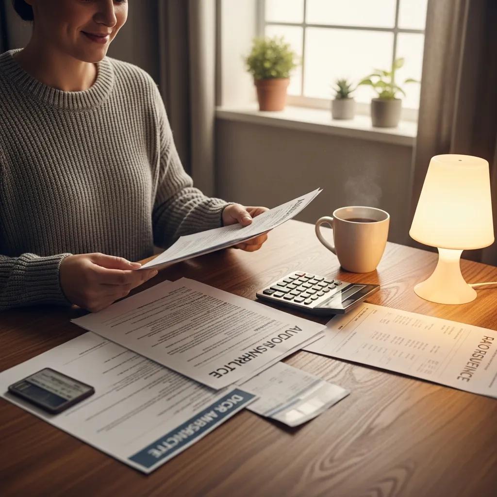 Person reviewing auto insurance policy at home, highlighting financial security and peace of mind